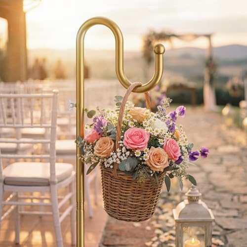 74" Shepherds Hook Stand: Hanging Bird Feeders, Wind Chimes, Plants, Gold | Heavy Duty, Free Standing, Adjustable Pole Holder with Metal Base for Indoor & Outdoor, Holds Up to 20 LBS - color: Gold