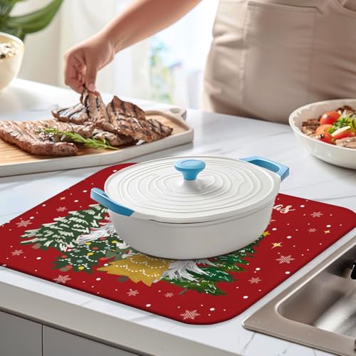 Christmas Kitchen Countertop Dish Drying Mat, Red Christmas Tree Snowflake Pattern Microfiber Kitchen Drying Mat, Washable Absorbent Countertop Xmas Winter Holiday Dish Mat Drainer,18x24Inch - color: christmas, size: 18" x 24"