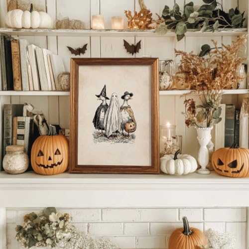 Funny Animal Goose Witchy and Ghost Wall Art Gold Framed 08x10 inch Vintage Halloween Spooky Poster Aesthetic Gothic Canvas Prints For Farmhouse Nursery Wall Decor - color: Beige, size: 10"L x 8"W, style: Gold Framed