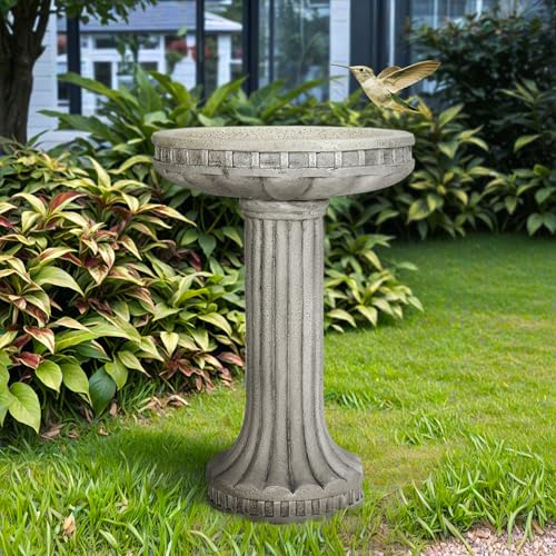 SunJet 24” H x 16” Dia Outdoor Birdbath with Classical Pedestal - Fibre Reinforced Concrete Birdbaths, Vintage Design for Garden Decor & Bird Attraction - color: Offwhite, size: 24inches