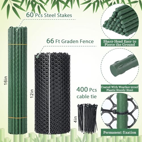 Marsui Animal Barrier Fence 12in x 66ft No Dig Garden Fence Mesh Fencing with Steel Stake Movable Portable Temporary for Poultry Dogs Rabbits Chicken Snake Barrier Garden Backyard Outdoor - size: 12in x 66ft