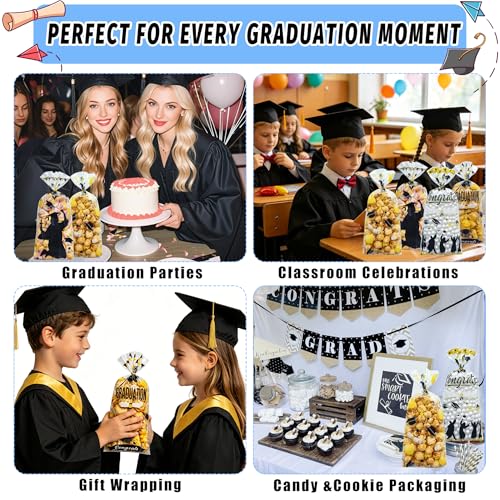 Soarvita 100PCS Graduation Cellophane Treat Bags: Double-Sided Printed Graduation Candy Bags with Gold Twist Ties, Clear Goodie Bags for Graduation Party Favors, Cookies, Popcorn, Gifts (Black Gold) - color: Graduation-100pcs