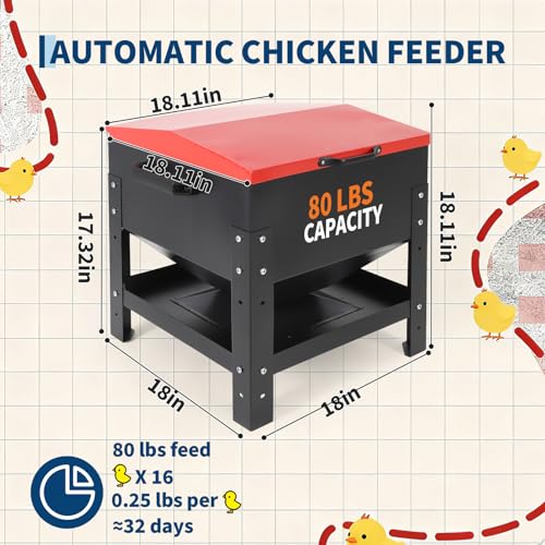 Metal Chicken Feeding Box, 80 lbs Large Capacity, Portable Feeder, Red | Galvanized Steel, Waterproof Lid, No Waste Automatic Poultry Feeder for Ducks, Hens and Roosters, Standing for Chicken Coop