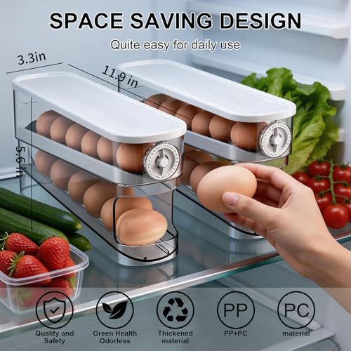 Auto Rolling Egg Holder for Fridge, Egg Dispenser/Organizer/Storage/Container with Lid & Date Timer for Refrigerator, Sturdy and Durable Space-Saving Egg Tray for 12 Large Eggs - size: With Timer