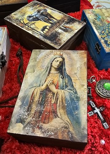 RK Collections Our Lady of Guadalupe Virgin Mother Mary Rosary Box. Vintage Woodem Prayer Box for Religious Gift. Trinket case Holder (6.5 x 4.25 x 2.25 inches) - style: Mother Mary/Lady of Guadalupe