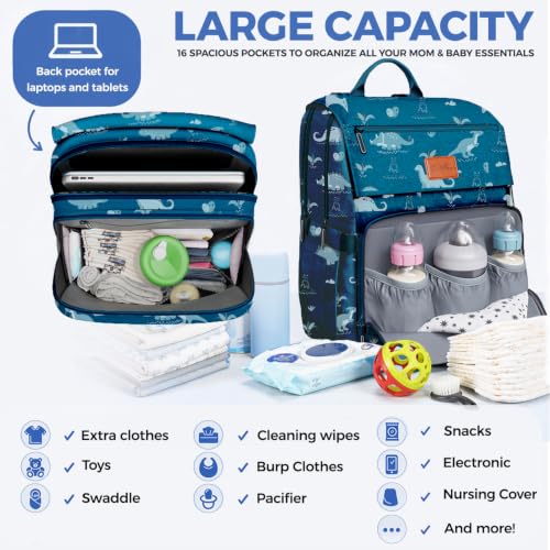 Baby Diaper Bag Backpack - Large Waterproof Travel Diaper Bag for Boys & Girls, 16 Organizer Pockets with Changing Pad, Insulated Bottle Pockets & Stroller Straps, Baby Shower Gifts, Dinosaur - color: F. Dino, style: Classic