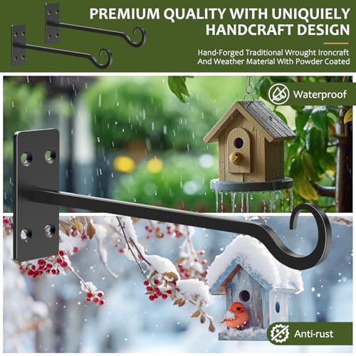 12" Wall Mount Plant Hanger 2 Pack | Hand-Forged Wrought Iron with Rust-Resistant | Black Finish | Ideal for Hanging Plants, Lanterns, Bird Feeders - size: 12 inches