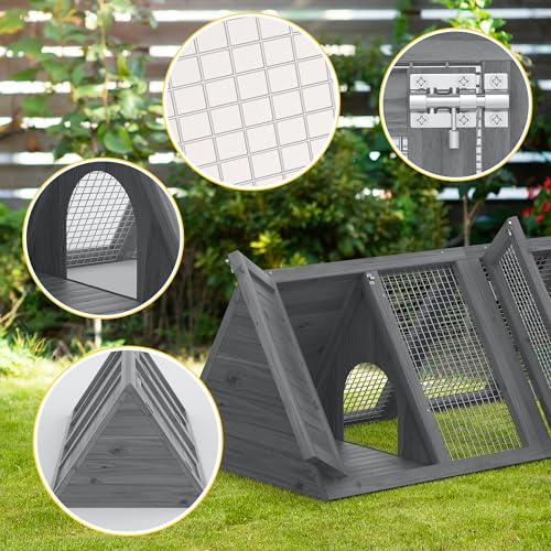 Rabbit Hutch, Small A-Frame Chicken Coop Outdoor w/ 2 Door & Run Cage(Gray) | Wooden Triangle Quail Hutch w/ Ventilating Wire Poultry Hutch for Small Animal Quail Cage Backyard - color: Gray