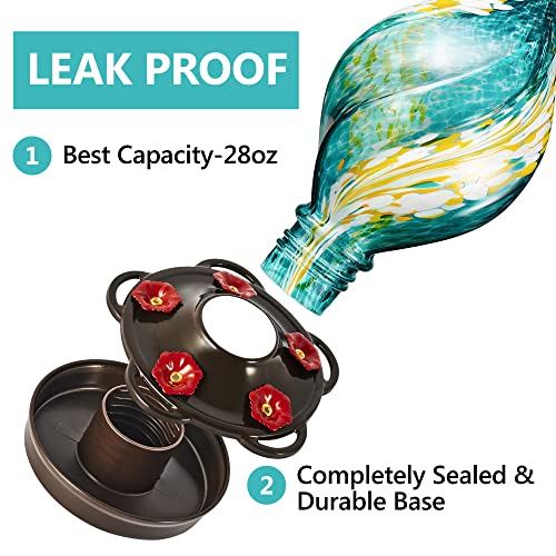 LUJII Ice Cream Shaped Spiral Hummingbird Feeder for Outdoors Hanging, Hand Blown Glass, 28 fl.oz, Leak Proof & Rustproof, Includes an Ant Moat with Hook, Unique & Stylish Glass Art & Decor (Teal) - color: Teal, size: Small