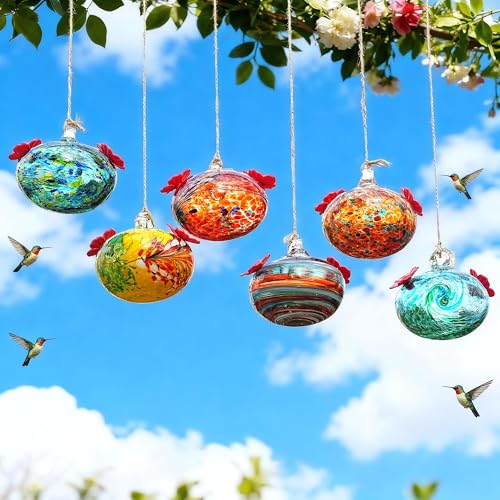 6 PCS Hummingbird Feeders for Outdoors Hand Blown Glass Hummingbird Feeder | 3.1 Inch Hanging Glass Humming Bird Feeders with 2 Flower Feeding Ports for Window Outside Garden Decor Gift