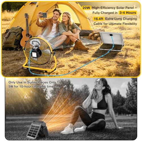 14" Solar Powered Fan with 20W Detachable Solar Panel, Yellow | Built-in Rechargeable Battery, Portable, 12 Speed, 360° Tilt for Outside, Camping, Greenhouse, Chicken Coop, Patio, gazebo - color: 14" Yellow