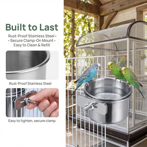 4pcs Stainless Steel Bird Food & Water Bowls with Clamp Holders - 3.9 * 1.7" Durable Cage Feeders for Parrots, Conures, Budgies, Parakeets, Lovebirds - Easy-Clean Pet Bird Feeding Cups