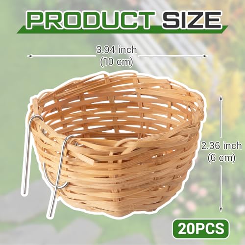 SiliFine 20 Pack Handmade Bird Nest for Cage, Bamboo Opened Finch Nest, Hanging Canary Hatching Breeding Cave House with Metal Hook for Budgie Parakeet Cockatiel Small Bird Garden Yard Decor