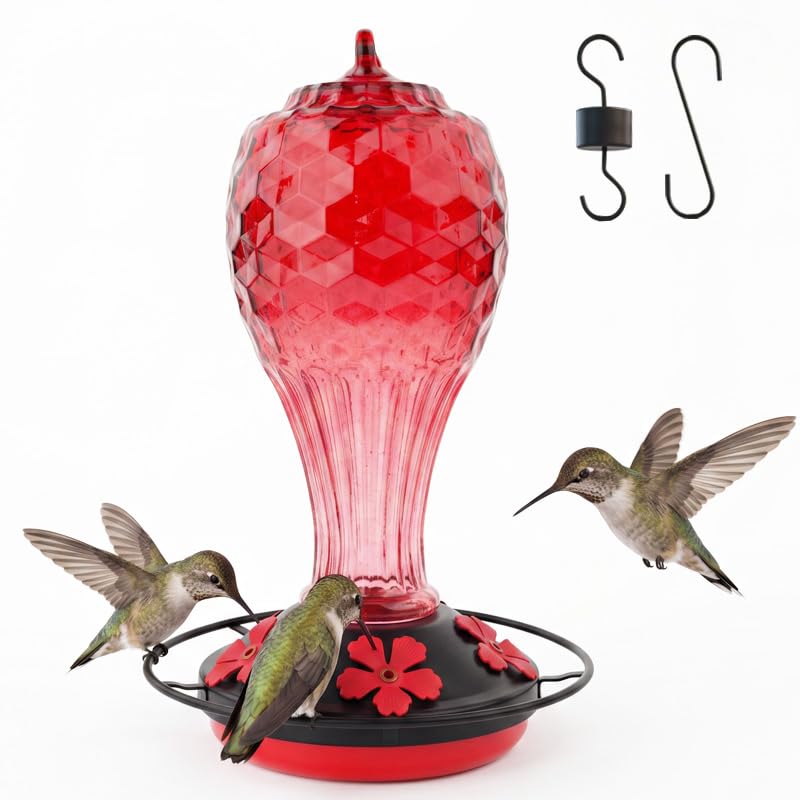 Hummingbird Feeder Colorful Blown Glass Outdoor Hummingbird Feeder with Ant Moat and 5 Feeding Ports for Outdoors Hanging Garden Decor, Bird Lovers (Red-3) - color: Red