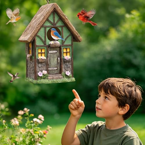 Bird Houses for Outside Rustic Cottage Birdhouse with Thatch Roof Hand-Painted Resin Birdhouses for Outdoors for Bluebird Finches Cardinals Bird Nesting Garden, Patio, Yard - color: Green
