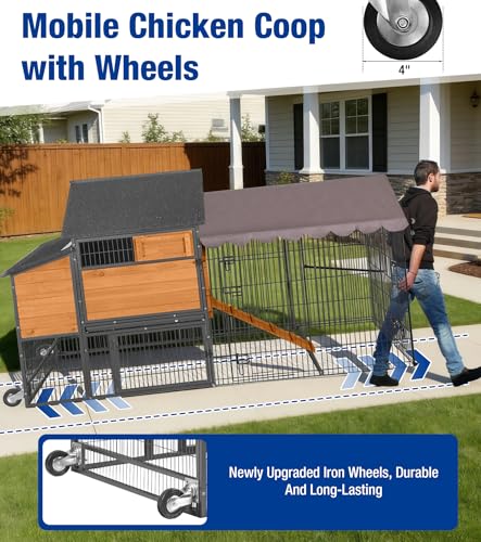 Large Chicken Coop with Wheels, Upgraded with All-Arounded Iron Frame Chicken Tractor, Poultry Chicken House with Large Run, Waterproof Roof, Expandable Nesting Box, 85" L for 5-7 Chickens