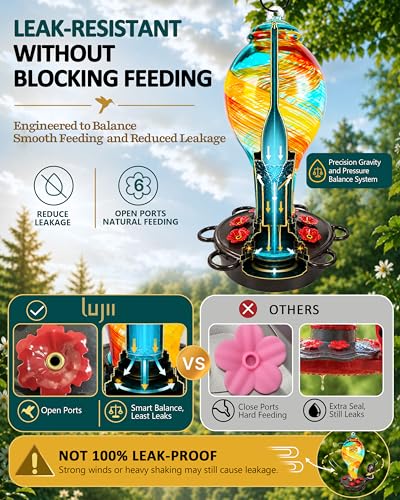 LUJII Smart Hummingbird Feeder with Camera for Outdoor Hanging, Hand Blown Glass, Solar WiFi Feeder with Live View App, 6 Feeding Ports, Leak-Resistant Design, Ant Moat & Gift Box, 36 fl oz, Ribbon - color: Ribbon, size: X-Large