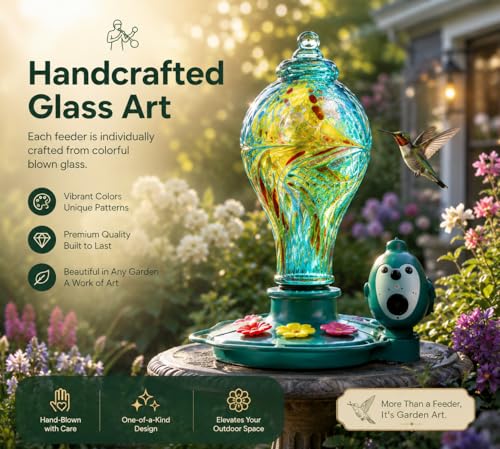 Hummingbird Feeder with Camera, Solar Powered 2K Smart Bird Feeder | AI Bird Recognition, Solar Powered, 2K Camera, Hand-Blown Glass Design, Leak-Proof, Bee Resistant, Easy to Clean