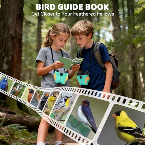 Aurosports 15x25 Compact Binoculars for Kids with Bird Guide Book, Green | Lightweight Easy Focus with Carrying Case & Strap; Durable Fully Coated; Birdwatching Cruise Travel Gift for 8-12 Boys Girls - color: Green
