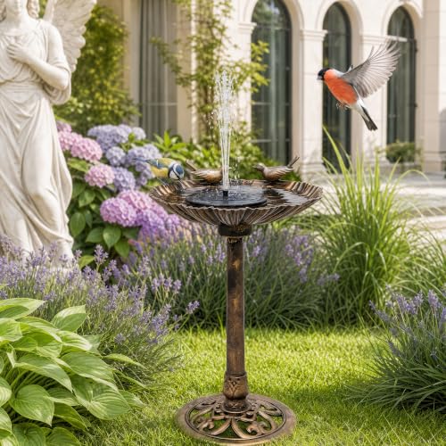 Athena Collection 31.5" Solar Powered Pedestal Bird Bath Fountain, Bronze | Detachable Solar Fountain Broad, 6 Spray Patterns, 5L Water Large Capacity，3 Ground Nails Included for Garden Yard Lawn - color: Bronze