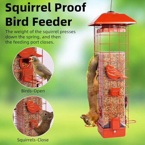 Squirrel Proof Bird Feeder, Metal Mesh Bird Feeder for Outside, Large Capacity and 4 Ports Perches (Orange) - color: Orange