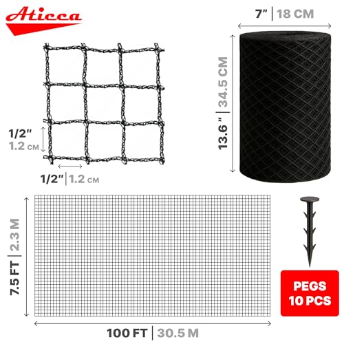 ATICCA Heavy Duty Bird Netting for Garden Protection & Fruit Trees, 7.5x100 Ft with 10 Stakes – Black Anti-Bird Net for Poultry, Deer, & Squirrel Protection, Durable Mesh for Garden and Yard Use - size: 7.5x100 Bird Netting