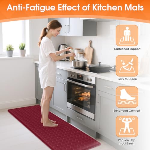 TranquilRelax 2-Piece Kitchen Mats, Cushioned Non-Slip Floor Mats, Burgundy | Kitchen mats for floor, water-resistant anti fatigue mats for kitchen floor,laundry & entryway, 17.3 x 30 and 17.3 x 47 in - color: Burgundy, size: 2-Piece | 30"+47" | Standard
