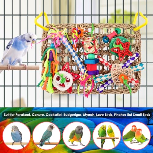 KATUMO Bird Toys, Large Bird Foraging Wall Toy, Woven Climbing Hammock Mat | Natural Grass Mat, Edible Seagrass, Colorful Chewing Toys, Suitable for Lovebirds, Finch, Parakeet, Budgie, Conure, Cockatiel - style: Stars