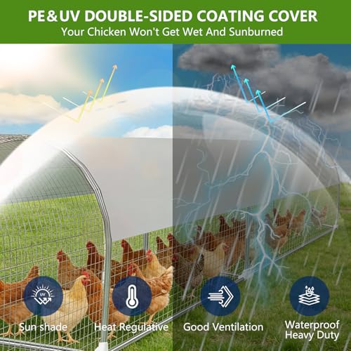Metal Chicken Coop with Run, 9.8x2x2ft Chicken Run for Yard with Waterproof and Anti-Ultraviolet Cover for Outside,Backyard and Farm, Chicken Pen for Ducks, Rabbits (Silver, 24 * 26 * 118inch)