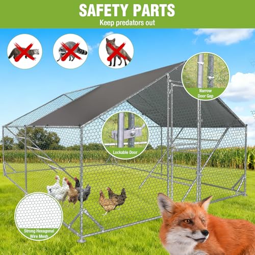 Large Chicken Coop for 10-15 Chickens Chicken Runs for Yard with Cover Metal Poultry Cage with Perch Hen House Chicken Pen Outdoor - size: 155.0"L x 117.3"W x 77.6"H