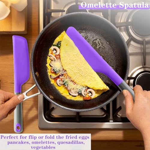 Silicone Omelette Spatula Turner, Flip Fold Omelet Turner, 13Inch | Flexible Egg Flip Tool for Non-stick Pans, Heat Resistant omelette flipper for Kitchen Omelet Pancake Crepes - color: Purple-Wide