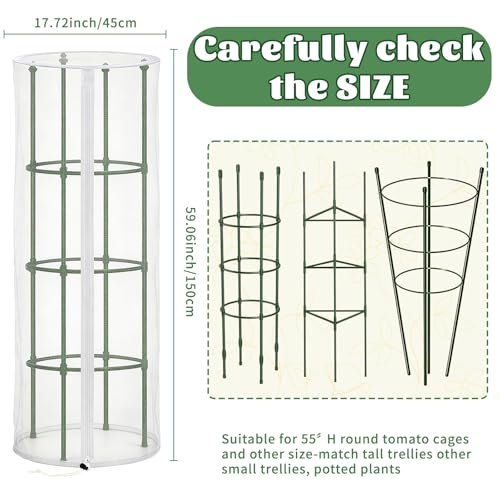 3PCS Garden Bird Netting for Tomato Cage with Zipper & Drawstring | 59"x 18" Round Tomato Trellis Garden Netting Insect Bird Barrier Protection Mesh Cage Cover for Tomato Planter Gardening Pots