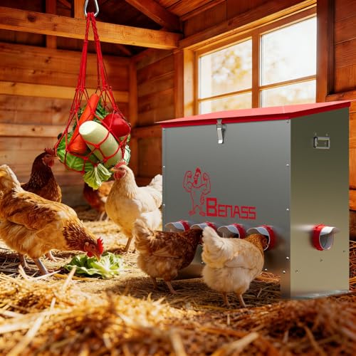 150LB Automatic Chicken Feeder, No-Waste Metal Poultry Feeder with 6 Ports, Predator-Proof Latch & Weatherproof Design, Includes Anti-Tip Ground Stakes & Vegetable Hanging Feeder - size: 150LB-6 Ports