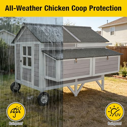 Extra Large Mobile Chicken Coop with Wheels – Outdoor Hen House for 6-8 Chickens, Weatherproof Asphalt Roof, Sectionable Nesting Box with Pull-Out Tray - color: Grey, size: 68.1"L x 53.9"W x 49.0"H