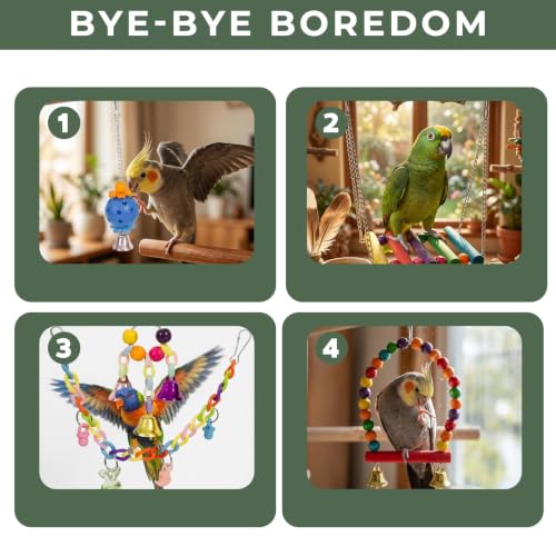 Natural Bird Toys and Wood Perches Set, Essential Parrot Cage Accessories with Hanging Swings, Stands and Shreddable Foraging Toys for Parakeets, Cockatiels, Budgies (20 Pack) - size: 20 Pack