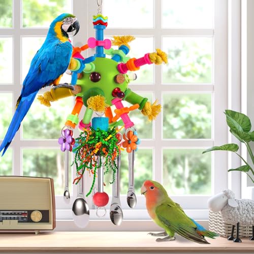 Parrot Toys Bird Toys Perch Pullable Stainless Steel Spoons Colorful Acrylic Stick Chew Toys for Amazons Mini Macaws African Greys Cockatoos Conures,Cockatiels,Lovebirds,Parrotlets and Other (green) - color: green