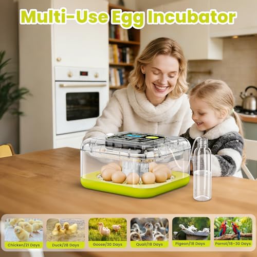Egg Incubators for Hatching Eggs, 12 Egg Incubator with Automatic Egg Turning and Humidity Control, Incubator for Chicken/Quail/Duck Eggs with Temperature Control/LED Egg Candler, 360 Degree View
