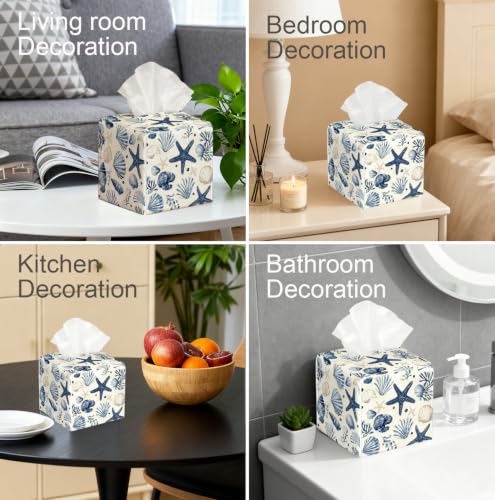 Watercolor Seashell Starfish Tissue Holder,Coastal Decor Gift | 5.2Inch Classic Coastal Nautical PU Tissue Box Cover,Decor Fits Bathroom,Bedroom,Beach House&Apartment,Coastal Holiday Gift - color: White Decoration Theme-12