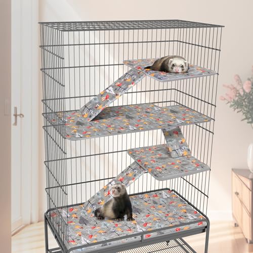 Bienbee Ferret Cage Liner Set, Leakproof Ferrets Cage Accessories for Small Animals Rats Chinchillas Hedgehogs Ferrets(Gray Mushroom, Double Unit Combo) - color: Gray Mushroom, size: Double Unit Combo-7 PCS