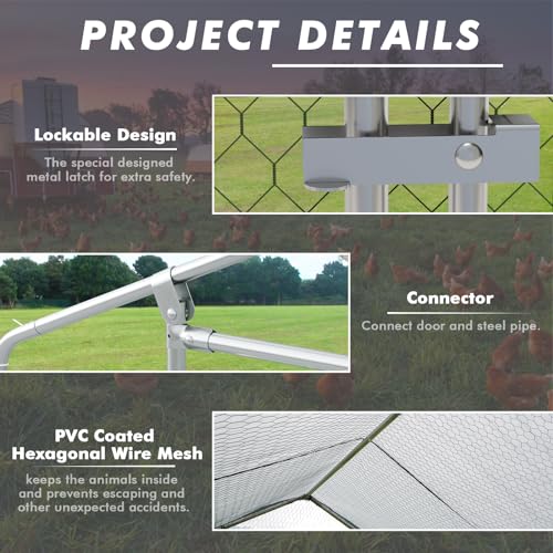 LEMBERI Metal Chicken Coop Spire Roof Walk in Chicken Run Pen for 6 Chickens, Galvanized Rabbits Duck Poultry Cage with Waterproof Cover for Outdoor,Backyard and Farm - size: 78.0"L x 118.1"W x 76.8"H
