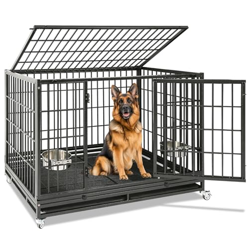 Homey Pet Large Dog Crates for Large Dogs, 47 Inch Heavy Duty Stackable Dog Cage with 2 Bowls, 4 Wheels, Double Removable Trays and Grids, Escape Proof Metal Wire Dogs Kennel Indoor - size: 47.0"L x 28.5"W x 35.0"H