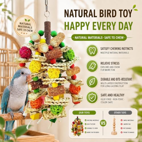 Parrot Chew Toy, Natural Material Bird Foraging Toy for Conures, Quaker Parrots, Medium-Sized Birds - Colorful Hanging Shredding Toy with Woven Ball, Corn Cob and Wooden Beads - color: Colorful, size: Large