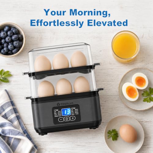 Tesslux Egg Cooker, Dual Layer 12 Egg Boiler, Soft Hard Poached, Black | LED Countdown Timer, Touch Control, Poaching Bowl, Omelet Maker, Two Trays, Vegetable Steamer, Auto Shut-Off, Buzzer Alert - color: Black