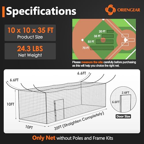 ORIENGEAR Baseball Batting Cage Nets, ONLY NET, 70'L/55'L/35'L/20'L Baseball and Softball Cage Netting, 1.88" #45 Mesh, Professional Fully Enclosed PE Hitting Cage Net with Door, Without Poles - size: 35*10*10