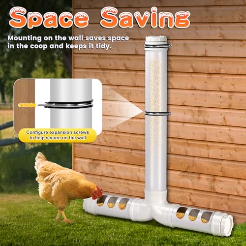 PVC Chicken Feeder No Waste 13lbs Automatic Poultry Feeder | Chicken Food Dispenser with 6 Feeding Port Gravity Poultry Feeding Trough for Ducks Turkeys Geese Quails Pigeon