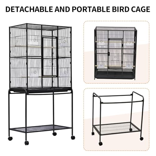 62" Large Bird Cage, Parrot Bird Cage with Rolling Stand & Storage Shelf, Heavy Duty Wrought Iron Flight Cage, Secure Lock, Ideal for Parakeets, Parrots, Cockatiels, Conures, Lovebirds - size: 37.2"L x 30.3"W x 4.3"H