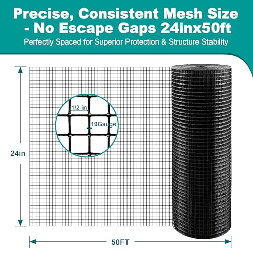 Hardware Cloth 24in x 50ft 19 Gauge - Double Layer Hot-Dip Galvanized After Welding, Anti-Rust Wire Mesh Fence for Poultry, Garden, Chicken Coop, Tree Guard