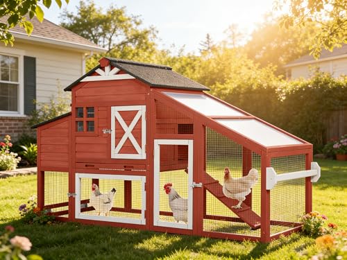 Aivituvin Chicken Coop Mobile Chicken House on Wheels, Rabbit Hutch Bunny Cage Expandable Wooden Poultry Cage with Large Nesting Box Leakproof Pull-Out Tray,UV-Resistant Roof (Red, AIR32) - color: Red, size: AIR32