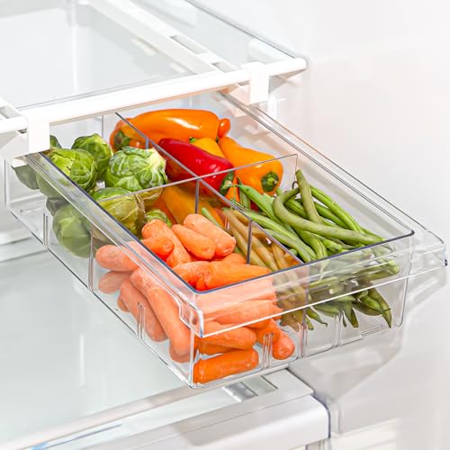 BINO | Pull-out Fridge Organizer | THE HANGER COLLECTION | Fridge Drawer Organizer with 2 Dividers | Clear Pantry Drawer Organizers | Shelf Holder Storage Drawers for Fruits, Veggies & Drinks
