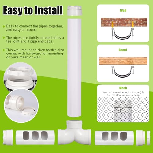 PVC Chicken Feeder 12 Lbs, Automatic Chicken Feeder No Waste | Wall Mounted Chicken Feeder Kit Gravity Fed, Auto Poultry Feeder with 6 Feeding Holes for Chicken Coop